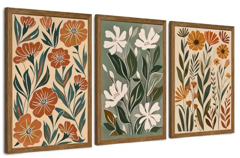 InspiredHues 3 Piece Abstract Boho Floral Canvas Wall Art, Green Beige Flower Market Wall Decor, Minimalist Colorful Botanica Artwork Prints for For Living Room Bedroom Office 12x16 Inch Wood Framed