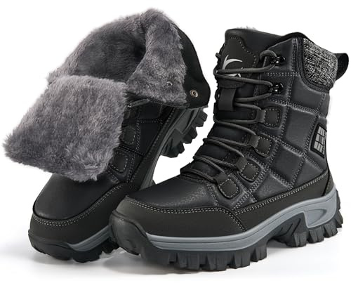 Aomigoct Winter Snow Boots for Women: Black 8 Warm Fur Lined Waterproof Leather Ankle Booties for Outdoor Hiking Non Slip