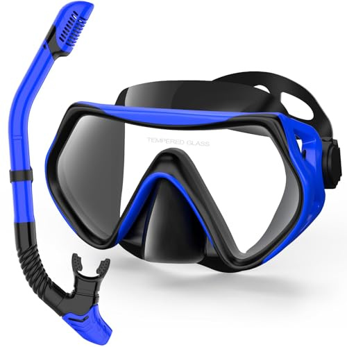 LITTLEJSY Set da snorkeling per adulti, con occhiali da snorkeling anti-appannamento e boccaglio asciutto, maschera professionale da snorkeling in vetro temperato per snorkeling (blue)