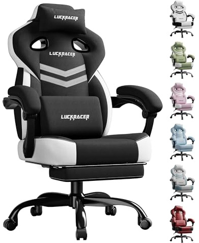 LUCKRACER Gaming Stuhl Stoff, Bürostuhl mit verbundenen Armlehnen, Memory-Schaum-Kissen, 90–155° Neigungswinkel und Fußstütze, strapazierfähigem Funktionsgewebe, schwarz
