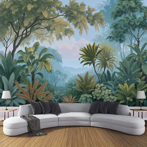Papel Pintado Pared Panorámico Bosque De Hojas De Palma 400x280cm, Paisaje De Selva Tropical Murales Decoración De Pared, Fotomurales Seda Para Salón Dormitorio, Verde