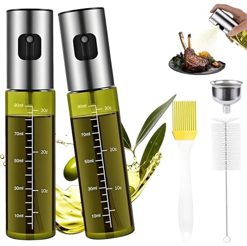 JOLYLINT 2 PCS Oil Spray Bottle and Olive Oil Sprayer, 100ml Olive Oil Sprayer, Green UV-Resistant Light-proof Cooking Spray Bottle with Funnel, Suitable for Air Fryers, Kitchen, Salads and BBQ