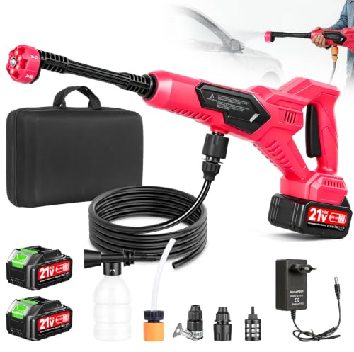Worshow Idropulitrice a Batteria,120 bar/1700 PSI Idropulitrice Portatile con 2 x 3000mAh Batterie, Ugello 6 in 1 & Tubo da 5m per Pulire Pavimenti, Auto, Giardini - rosa
