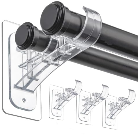 BelleVive Soporte Doble para Barra de Cortina 4 uds, sin perforación | Soportes autoadhesivos para barras de cortina para inquilinos, ganchos dobles y colgadores para salón y dormitorio.