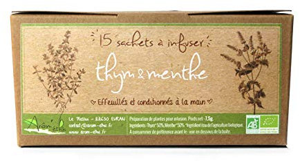 Infusion & Tisane Biologique | 15 sachets à infuser Thym & Menthe BIO | Plante séchée, effeuillée et conditionnée à la main | Antiseptique Grippe Sinusite Toux Rhume Diarrhée Bronchite Ulcère