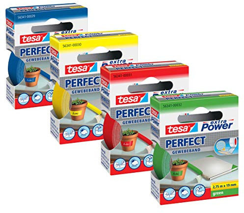 tesa extra Power Gewebeband Länge 2,75 m, Breite 19 mm (4er Pack (Grundfarben))
