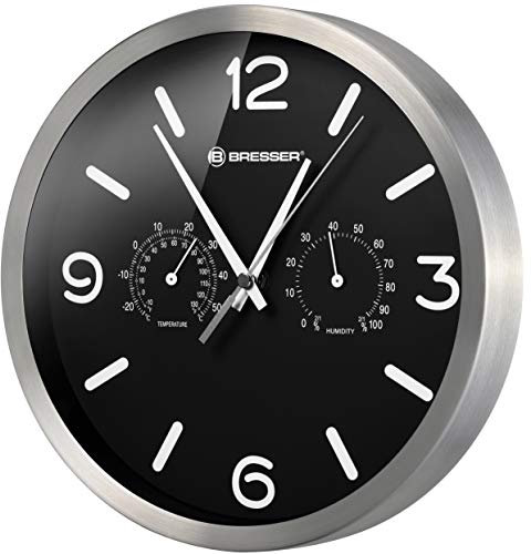Bresser Funkuhr Wanduhr MyTime ND Thermo-Hygro mit geräuschlosem Funkuhrwerk, Edelstahlrahmen und Anzeige für Temperatur und Luftfeuchtigkeit, schwarz, 250x250mm