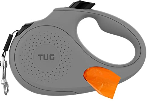 TUG Oval 360° Tangle-Free Retractable Dog Lead with Integrated Waste Bag Dispenser (Medium, Grey)