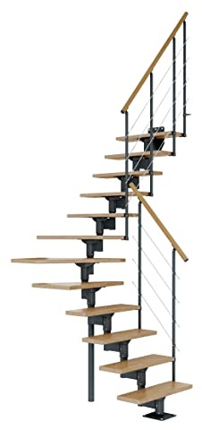 DOLLE Mittelholmtreppe - 11 Stufen - Geschosshöhe 228 – 300 cm - ¼-gewendelt - Stufen Eiche, lackiert - Unterkonstruktion: Anthrazit (RAL 7016) - volle Stufen 70 cm - inkl. Geländer - Nebentreppe