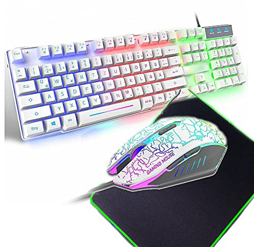 Gaming Keyboard And 2400DPI Adjust 4 Buttons Usb Optical Game Mouse Sets Mousepad, Rainbow LED, USB Wired Desktop Combo, UK Layout, For PC, Laptop, PS4, Xbox One (White 1)