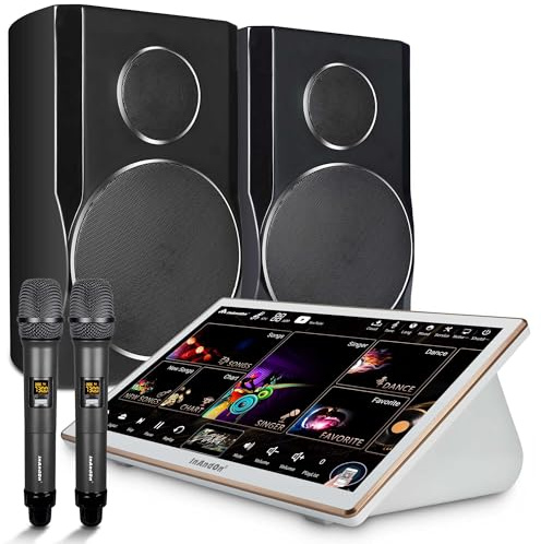 Karaoke System Set, InAndOn 18.5 inch Capacitive Touch Screen with Speaker and Wireless Microphones, YouTube, iCloud Song Update, Real-time Score, KTV Machine Fit for Bar Home Party, 6T
