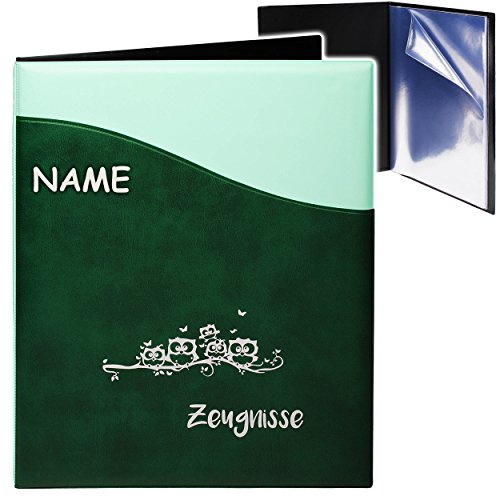 alles-meine.de GmbH A4 - Zeugnismappe/Dokumentenmappe - Zeugnisse lustige Eulen & Schmetterlinge - Kunst-Leder Effekt - grün/Mint - inkl. Name - GEBUNDEN mit 20 FES..