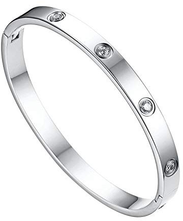 JewelryWe Schmuck Damen Armreif Edelstahl Zirkonia einfache Stil Liebe Armband 6mm breit mit Schließe größere Armspange Gravur Silber