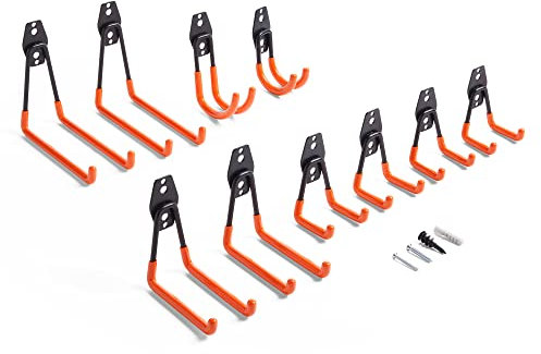 VonHaus Garage Hooks - Wall Mounted Tool Hangers for Shed Storage - Storage Hooks Heavy Duty for Hanging Power Tools, Ladder, Van Accessories - Pack of 10 Hangers in 5 Sizes