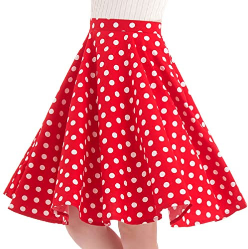 Damen Polka Dot Vintage Swing Rock 1950er Jahre Midirock Cocktail Abendkleid Kirsche Blumendruck Sommerrock A-Linie Empire-Taille R?cke Kniel?Nge Tellerrock Rot XXL
