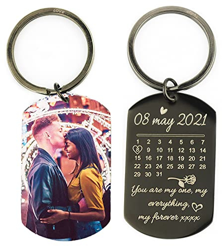Eliphs Personalised Date Engraved Photo keyring, Custom Calendar Engraved Picture Keychain, Gift for Anniversary, Graduation, Wedding, Birthday, For Him & He, Special Day Marked Keyring