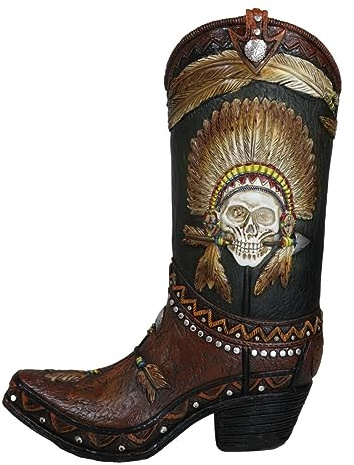 Ebros Gift Rustic Country Western Indian Skull Chief with Headdress Faux Tooled Leather Cowboy Boot Decorative Flower Vase Or Planter Figurine 10.25 H