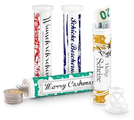Geld- & Geschenkröhrchen Weihnachten Geld Verpackung MIX SET im Medikamenten-Stil 5 x lustige Motive als originelles Geldgeschenk für Nikolaus Wichteln Adventskalender X-mas