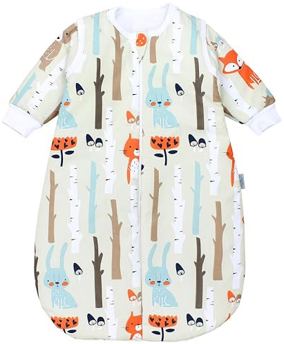 TupTam Schlafsack Baby 2.5 TOG - Ganzjahresschlafsack mit abnehmbaren Ärmeln, Farbe: Birkenwald Fuchs Bär Igel Hase Beige, Größe: 56-62