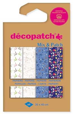 Décopatch DP031C – Una Bolsa de 4 Hojas decopatch – Tamaño: 30 x 40 cm – Papeles Impresos, Tonos de Azul – Mix & Patch – A Partir de 5 años, DIY, creación, renovación, Actividad Creativa