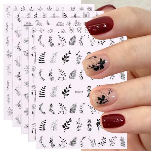 jmeowio Nagelsticker Blumen 12 Blatt Nail Art Sticker Selbstklebend Nagelaufkleber Schwarzes Blume Dekoration Nageldesign Zubehör
