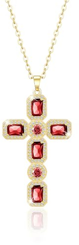 Linawe Red Cross Necklace for Women, Ruby Garnet Jewellery, Gold Charm Cross Pendant Chain Necklace, Crystal Imitation Diamond Birthstone Cubic Zirconia Statement Necklace, Gifts for Mom