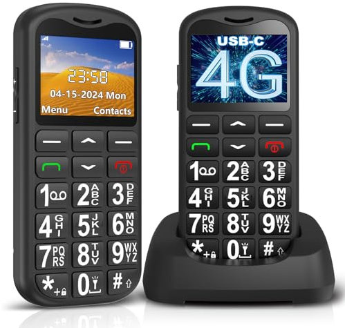 ukuu 4G - Cellulare per anziani senza contratto, lunga standby tempo pensionato, tasti grandi, con stazione di ricarica da 1,8 pollici, display a colori, Dual SIM, pulsante di emergenza nero