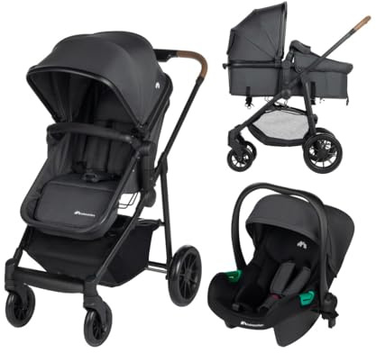 Bebeconfort Haze Trio, 3 in 1 Passeggino per bambini 0-4 anni, Passeggino Leggero e Compatto, Seduta Convertibile in Navicella, Seggiolino Auto i-Size, Coprigambe e parapioggia, Mineral Graphite