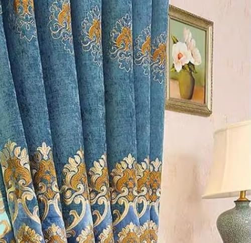 Daesar Verdunklungsvorhänge mit Ösen 2er Set, Schiebengardinen Blickdicht 107x138CM Vintage Stickerei mit Blumen Motiv Schlafzimmer Gardinen und Vorhänge Blau