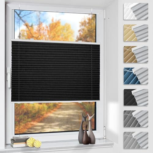 Plissee ohne Bohren Verdunkelung Thermo Plissees Klemmfix Schwarz B80 x H130 cm - Verdunklungsplissee Plisseerollo Blickdicht & Sichtschutz für Fenster & Tür