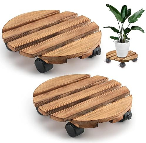 Pot de fleurs avec roulettes - Base de bac à fleurs - Chariot de plantation mobile en bois - Support de pot de fleurs rond pour l'intérieur et l'extérieur - Support de pot prêt à l'emploi pour pelouse
