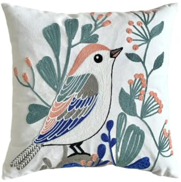 Generisch Lot de 2 housses de coussin avec broderie rose, housse de coussin de canapé, housse de coussin décorative en coton et en lin - Oiseau cactus - 45 x 45 cm
