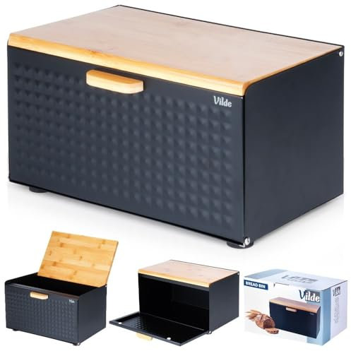 Vilde - Boîte à pain - Boîte à pain - Boîte à pain en métal et bois avec double couvercle - Boîte à pain - Noir - 35,5 x 22 x 20,5 cm