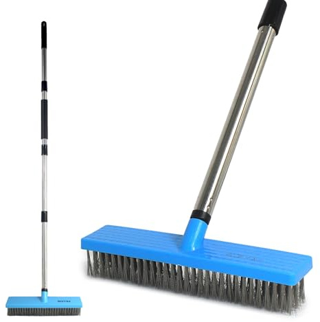 FRAXIR Stainless Steel Wire Broom Deck Scrubber Brush with 55” Adjustable Length Sturdy Long Handle, Stainless Steel Outdoor Broom for Cleaning Moss Concrete Floors Grout Gardens Patios