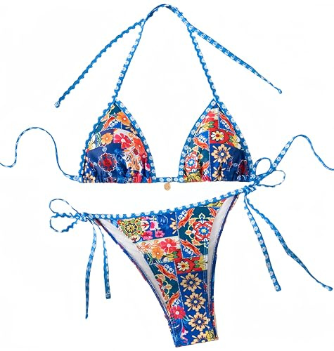 Ocean Plus Kvinnors Bohemianska Triangelbikini Kostym med Hängare Badkostym Bärs Push-ups (L (EU 36-38), Mörkblå och röda blommor)