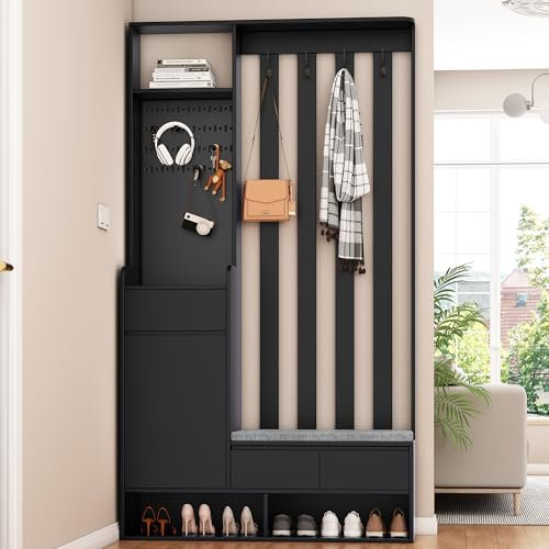 KecDuey Set di appendiabiti da corridoio con panca imbottita, multifunzionale, scarpiera con lavagna, guardaroba moderno con 4 ganci per ingresso, lavanderia (nero)