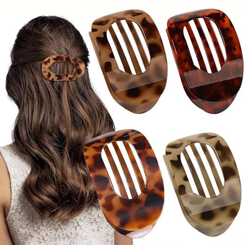 Yeomju Lot de 4 pinces à cheveux plates brillantes - Léopard - Pour femme - Rondes - Pour cheveux fins - Confortables - Courbes plates