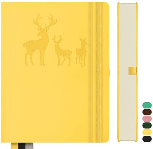 Qefuna Notizbuch B5 Liniert,Bullet Journal B5 Dickes Notizblock,300Seiten, Hardcover Leder Notizbuch, 100gsm Liniert Papier für Frauen Männer Büro Schule Tagebuch, 19 x 25.5cm,Gelb