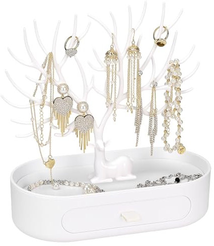 QWORK® Support Organisateur De Bijoux en Bois de cerf, Arbre À Colliers avec Tiroir De Rangement Et Poignée, pour Colliers, Boucles D'oreilles, Bagues,Blanc