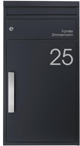 SafePost Paketbriefkasten anthrazit-grau personalisiert Paketstation XXL rostfrei freistehend wetterfest 65M Standbriefkasten für alle Zusteller Briefkasten mit Paketfach geräumig massiv modern