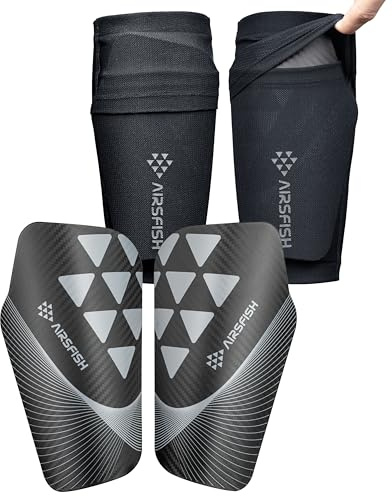 Airsfish Soccer Shin Guards for Kids Adults, CE Certified Shin Pads Sleeves Defender Protection Gear with Insert Pocket EVA Cushion Reduce Shocks and Injuries for Boys Girls Men (Black, X-Small)
