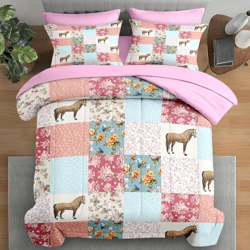 Pamnest Comforter Set Twin Size, Horse Animal Pink 5 Pcs Bedding for Kids and Adults, Country Farmhouse Bed Sheet Sets with Fitted Sheet Pillowcase & Sham for Bedroom Bed Decor