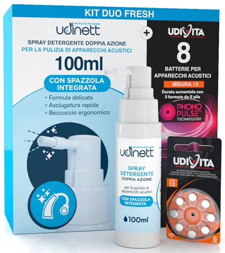 8 Hearing Aid Batteries Size 13 PR48 Orange with Phono Pulse Technology + Hearing Aid Cleaning Spray with Included Brush Udinett 100ml Alcohol-Free - Kit Duo Fresh