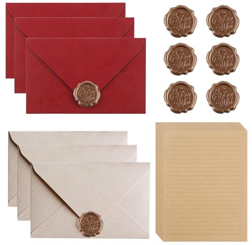 Vintage Briefpapier mit Umschlag, 22 Stück Briefpapier Set mit 6 Leinenumschlag Umschläge,Briefpapier Vintage Papier, Kraftpapier Umschläge, Für Geburtstag, Hochzeits Einladung Grußkarten (Rot + Weiß)