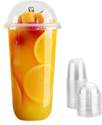 Bubble Crush Plastic Smoothie Cups with Dome Lids 24oz Set of 50 | Strong Clear Disposable Cups for Milkshakes, Smoothies, Iced Coffee, Slushies & Bubble Tea