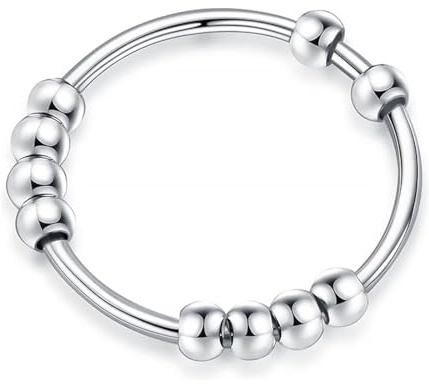 Anxiety Ring Frauen, Anti Stress Ring, Edelstahl-Stressabbauringe, Verstellbare Ringe, Fingerspitzenringe Mit Perlen (Silber)