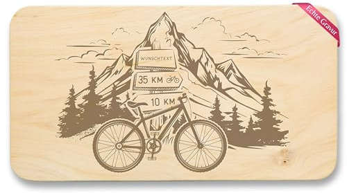 Frühstücksbrettchen Holz Natur - Radsport - Fahrrad in Bergkulisse mit Wunschtext personalisiert I Radfahrer Geschenk Radfahren I Berge Geschenk Fahrradtour - 22x12 - Holz - rad brotzeitbrettchen
