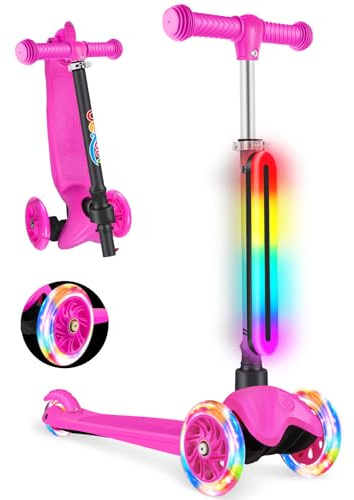 BELEEV 3 Räder Roller Kinder 2-6 Jahre mit LED Rahmenlicht, 11 Blinkeffekte, Batteriebetrieben, 4 Höhenverstellbare, Rutschfestes Deck, Scooter Kinder 2 Jahre Mädchen Jungen Geschenk - Pink Ligjht