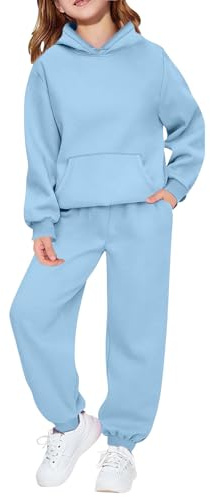 Girls Sweatsuit Set 2 Piece Solid Color Hooded Hoodies with Kangaroo Pockets Athletic Cargo Jogger Sweatpants for Kids Oversized Pullovers Casual Travel Essentials Loose Outfits for 9-10 11-12 Kid