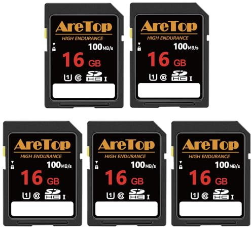 AreTop Scheda di memoria SD da 16 GB, confezione da 5 schede di memoria UHS-I classe 10 SDHC, confezione da 5 schede digitali Full HD da 16 GB per fotocamere, DSLR, action cam e fotocamera Trail
